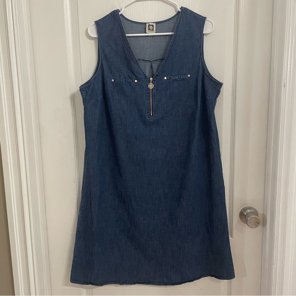 Anne Klein Sleeveless V-Neck Blue Denim Mini Dress Gold Zipper Front Size 12